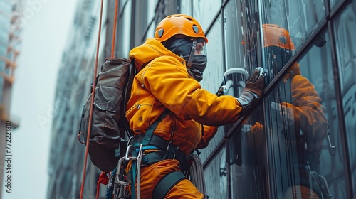 A savvy industrial climber purges windows over a lofty structure while embodying a helmet and rubber gloves in-depth scene and space, Generative AI.