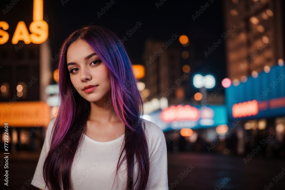 Beautiful woman standing against the city night with neon light and bokeh.
