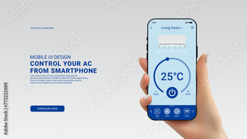 Template of mobile app for air conditioner. Concept of control of air conditioner using mobile app. Design of mobile UI application. Hand with phone with app for remote control of AC. Vector.