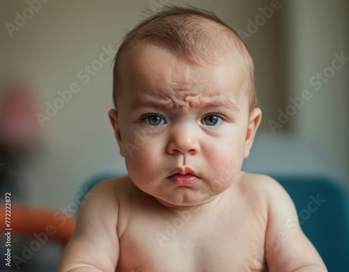 A baby with an angry face and a frowning expression.