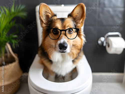 A Corgi dog wearing glasses sits on the toilet. AI generated. 