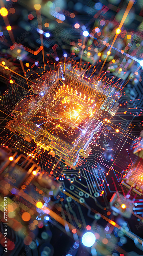 Abstract quantum computer core, glowing circuits and infinite data streams
