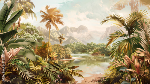 drawn tropical background with palm trees