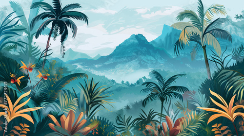 tropical painted background with palm trees