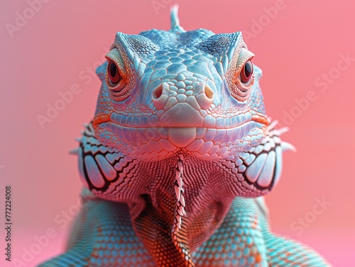 exotic iguana on a pastel gradient background  Close-up portrait of a pink blue colored iguana