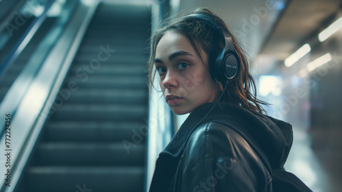 A young woman with headphones turns around on an escalator.