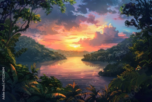 Vivid sunset over tranquil lake, surrounded by lush greenery.