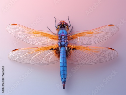 close-up of a dragonfly, exotic dragonfly on a pastel gradient background with copy space