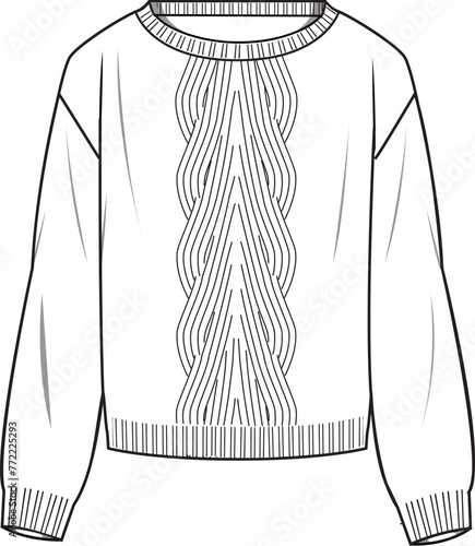 Women's Stitch Detail Jumper- Technical fashion illustration. Front, white color. Women's CAD mock-up.