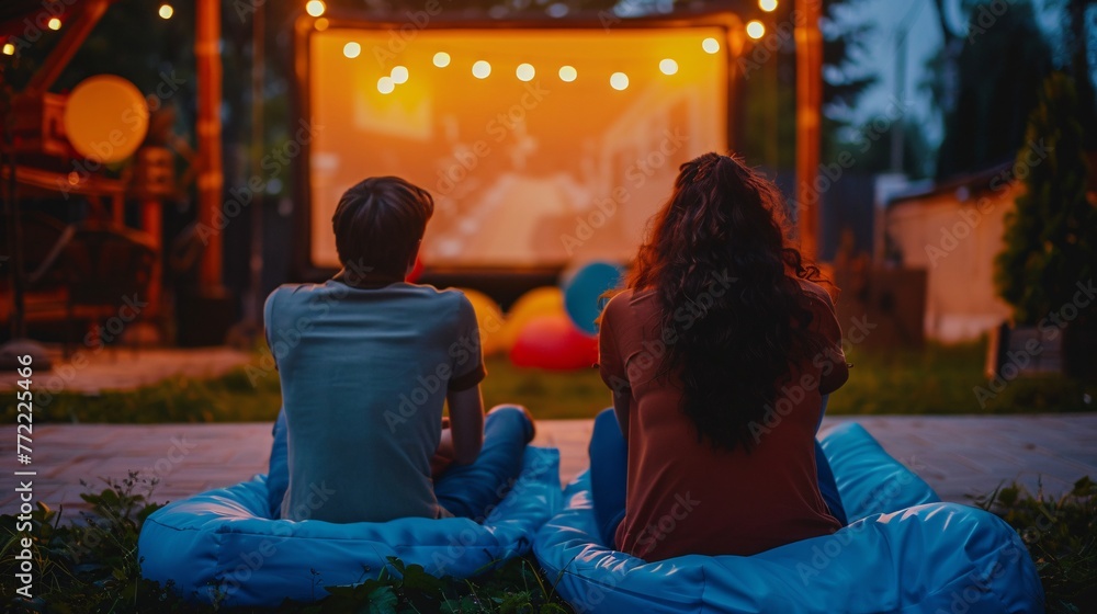 Movie Night Outdoors A Couple Relaxing on Inflatable Rafts Generative AI