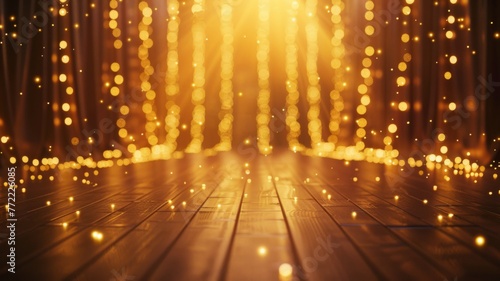 Luxurious golden light strings on wooden floor - Elegant and warm atmospheric golden lights draped over a realistic wooden floor texture