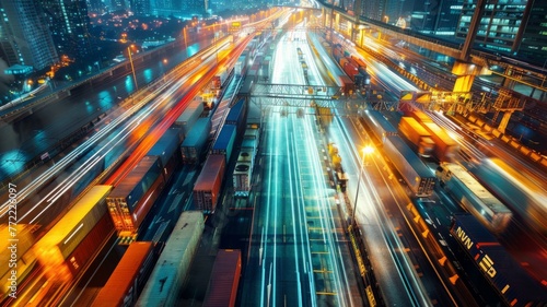 High-speed traffic in urban city at night - Long exposure of bustling city traffic at night showing dynamic motion of cars on a freeway