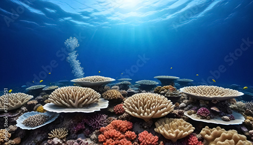 a coral reef with a blue ocean and corals under the surface