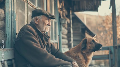 A senior man and his loyal dog sit contemplatively on a porch.