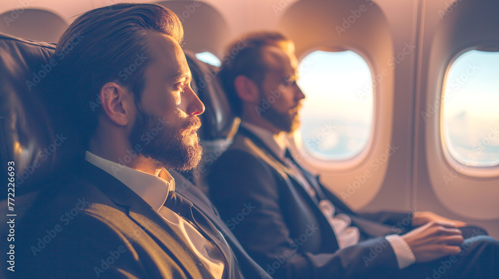 Two businessmen in suits seated on an airplane in flight. Two businessmen in suits seated on an airplane in flight.