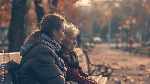 Elderly woman and adult daughter sitting on a bench in autumn.