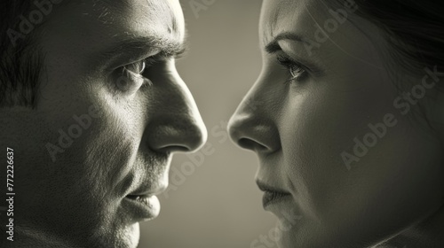 A man and woman looking at each other with a black background, AI photo