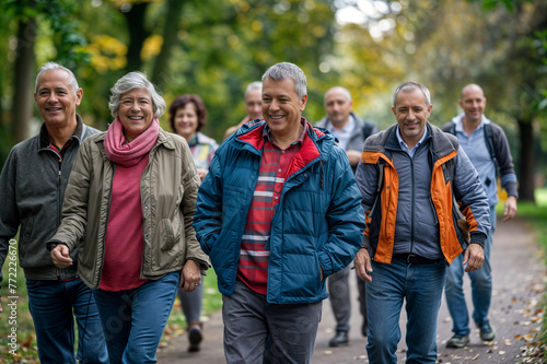 A group of middle-aged men and women enjoying a walk with smiles