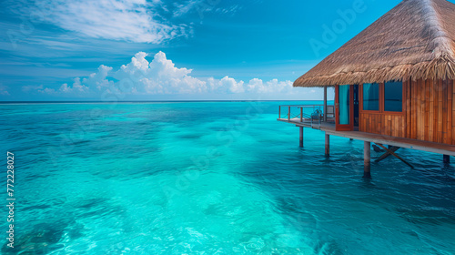Secluded overwater bungalow with a thatched roof in a tropical paradise.