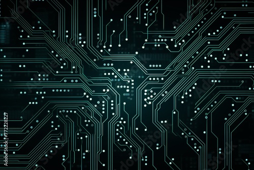This circuit board background boasts a sophisticated design with gold and copper lines, contributing to its futuristic allure against a dark background. Created with generative AI tools