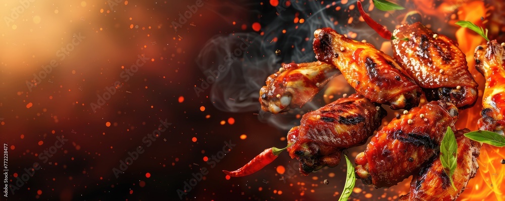 glazed barbecue wings with flames and embers, perfect for food-related content glazed barbecue wings with flames and embers, perfect for food-related content