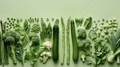 A fresh and vibrant collection of green vegetables and legumes artfully arranged on a clean background