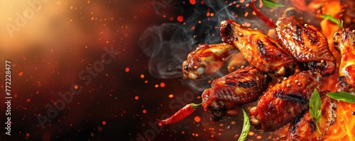 glazed barbecue wings with flames and embers, perfect for food-related content © amazingfotommm