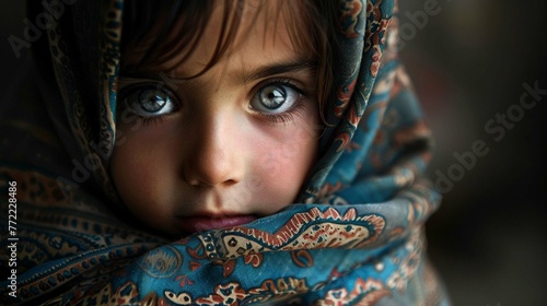 A mysterious child covered in a shawl with strikingly captivating eyes that shine in darkness. photo