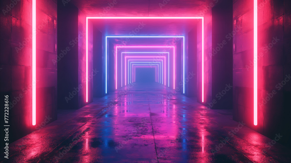 A visually striking corridor illuminated by neon lights, creating atmosphere of futuristic, surreal beauty. A vibrant colors, geometric patterns, and architectural symmetry create cyberpunk atmosphere A visually striking corridor illuminated by neon lights, creating atmosphere of futuristic, surreal beauty. A vibrant colors, geometric patterns, and architectural symmetry create cyberpunk atmosphere