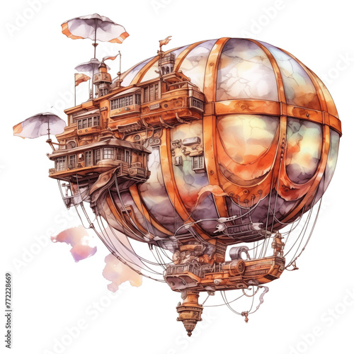 Watercolor steampunk airship soaring through the sky isolated on the transparent background