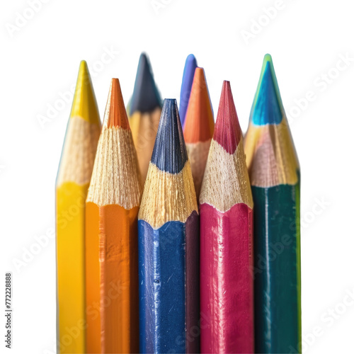 Assorted colored pencils neatly arranged on a transparent background