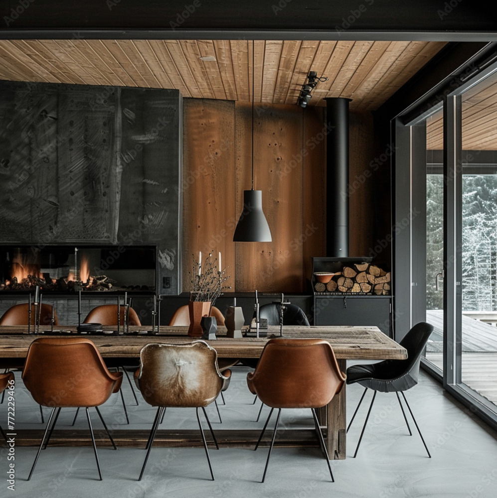 black and wood cabin interior with designer dinner table chairs of ...