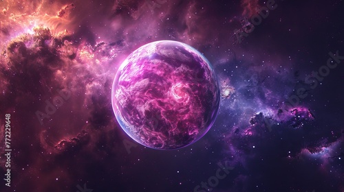 Neon-colored ball of light floating in space, created digitally.
