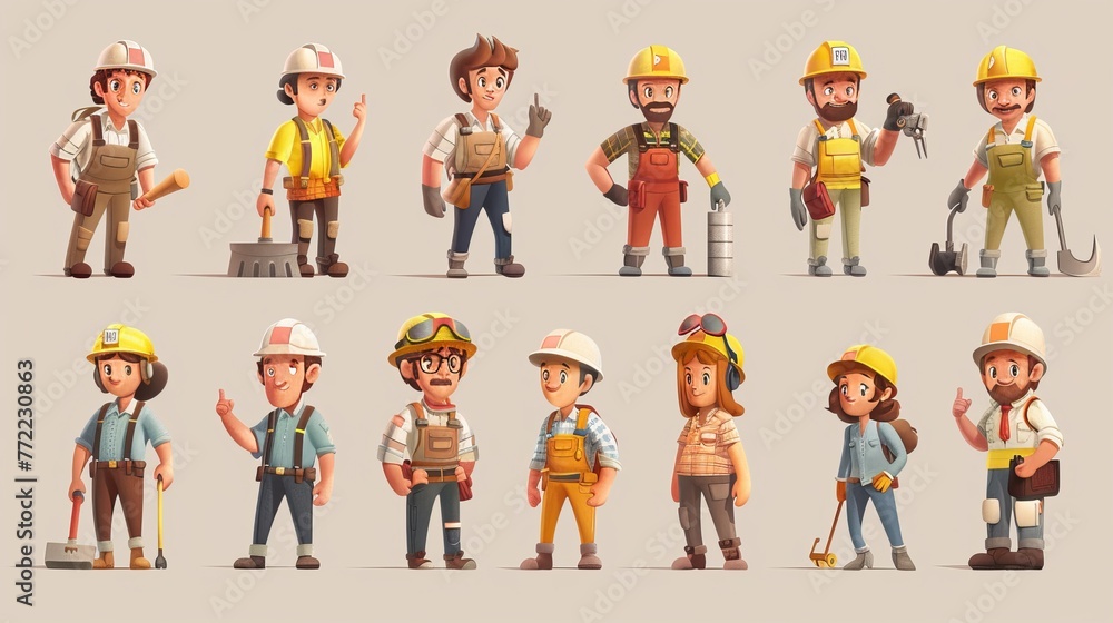 Set of cartoon people in different work uniforms. Includes builders, architects, repairmen, engineers, and project managers. All characters are wearing helmets or uniforms. Set of cartoon people in different work uniforms. Includes builders, architects, repairmen, engineers, and project managers. All characters are wearing helmets or uniforms.