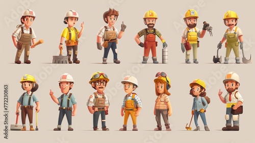 Set of cartoon people in different work uniforms. Includes builders, architects, repairmen, engineers, and project managers. All characters are wearing helmets or uniforms.