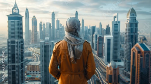 Rear View Of A Arabic Man Standing In Front Of Business Bay and skyscrapers