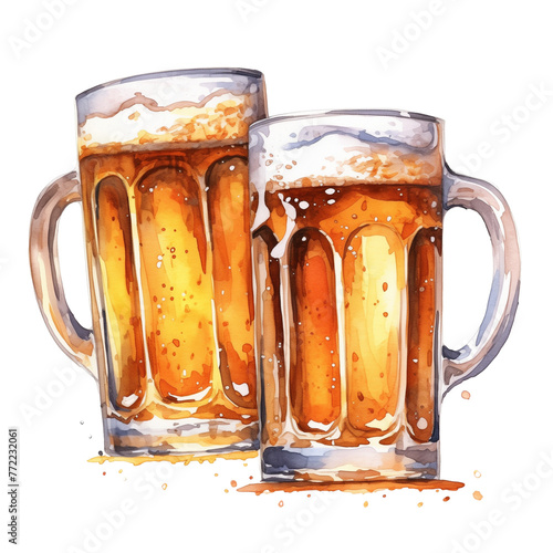Two watercolor beer mug with mead pouring on the transparent background photo