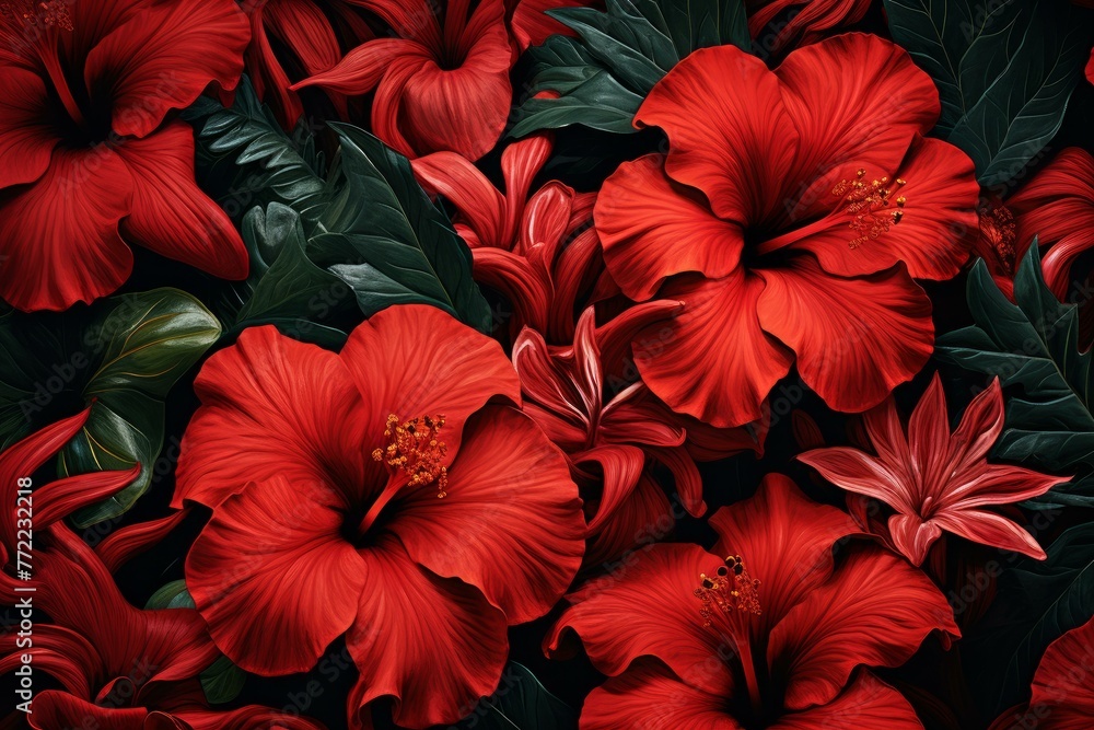 Rich Red flowers jungle color. Petal blossom. Generate Ai Rich Red flowers jungle color. Petal blossom. Generate Ai