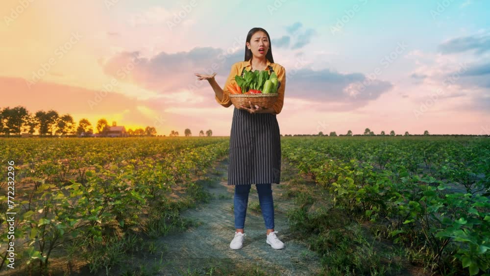 Full Body Of Asian Female Farmer With Vegetable Basket Showing Puzzled Gesture And Saying What In Field Full Body Of Asian Female Farmer With Vegetable Basket Showing Puzzled Gesture And Saying What In Field