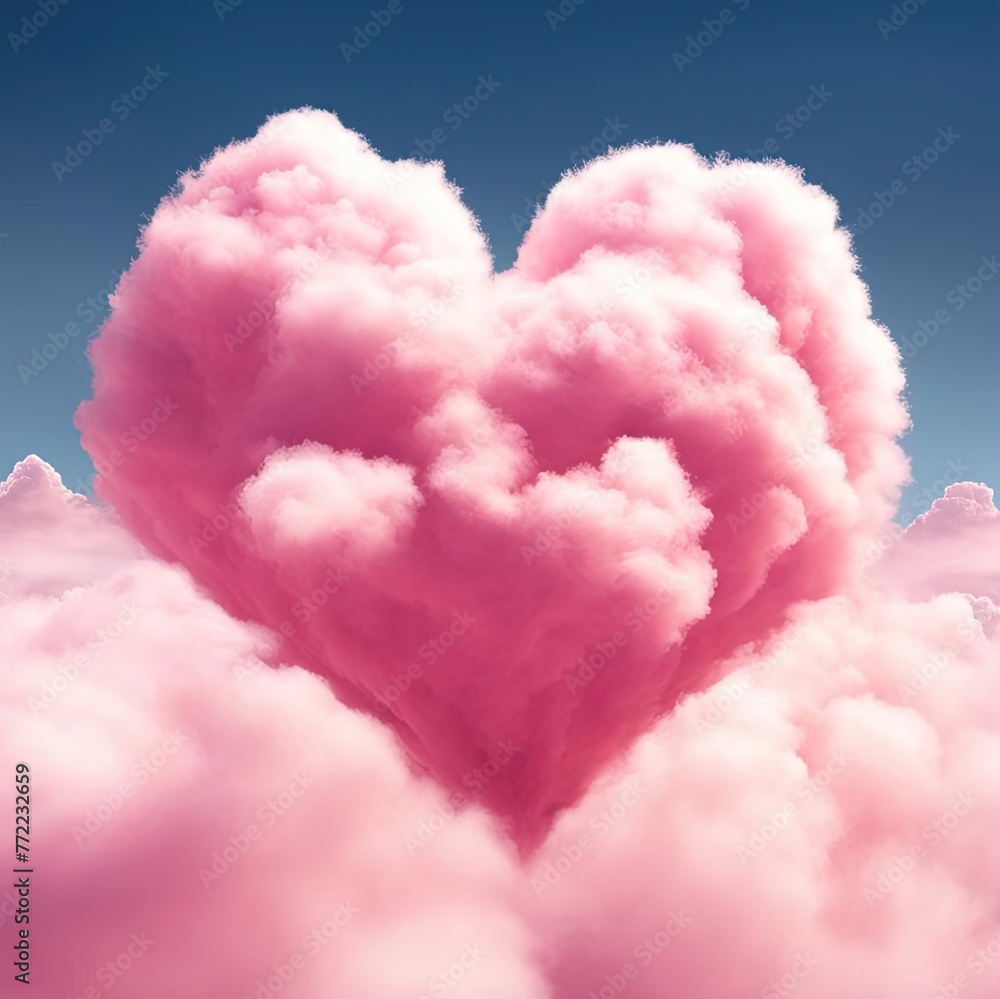 A pink heart-shaped cloud on a blue background.
