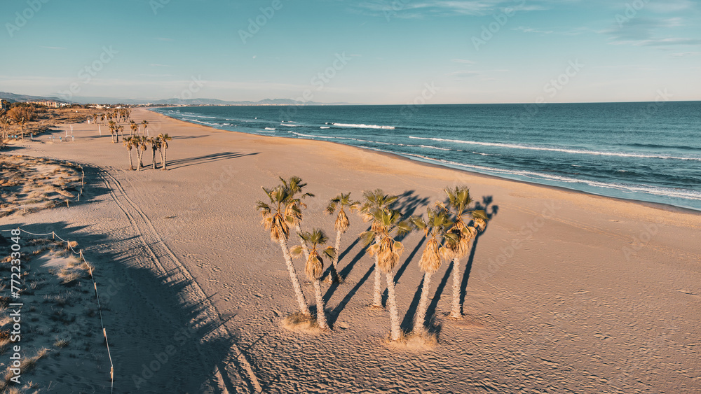 Idyllischer Strandparadies: Luftaufnahme eines leeren Strandes mit Palmen und Mittelmeer - obrazy, fototapety, plakaty 