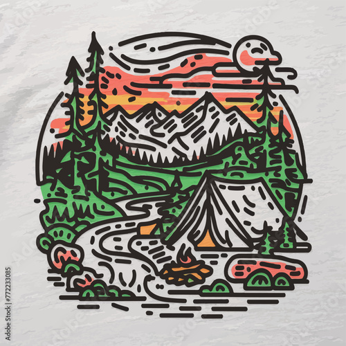 Serene Morning Mountain Camping: Captivating Monoline Art Illustrating Tranquil WildernessSerene Morning Mountain Camping: Captivating Monoline Art Illustrating Tranquil Wilderness