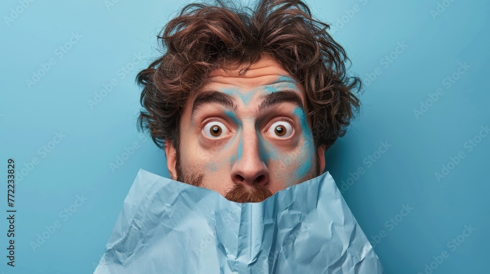 A man with a blue face and beard is holding his mouth open, AI