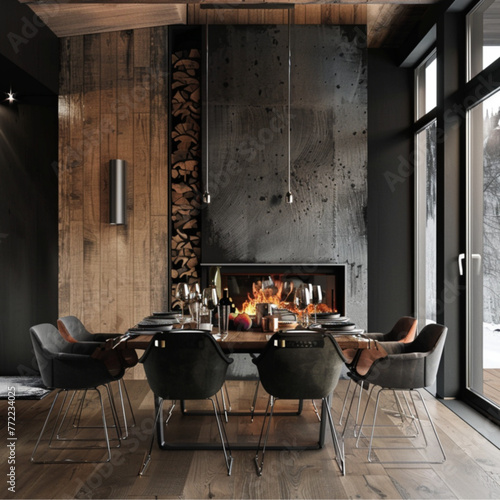 black and wood cabin interior with designer dinner table chairs of various colours, stylish, bright, natural leather, cement wall and fireplace photo
