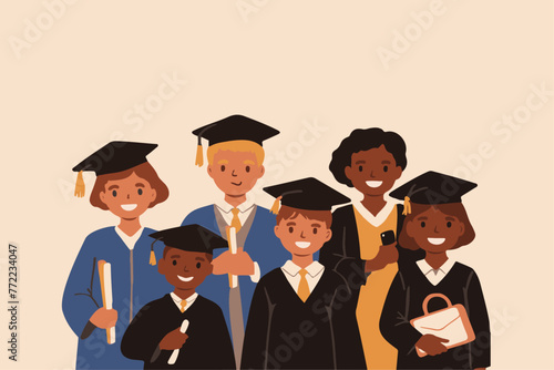 Happy and proud multiethnic students with diploma and school director with smartphone attending graduation 