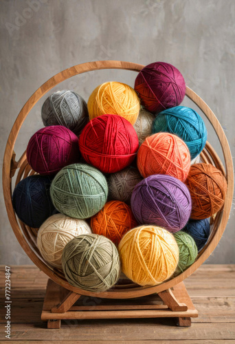 Lots of skeins of soft yarn on a wooden stand on a simple background, world knitting day