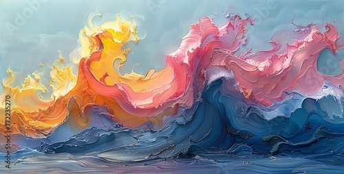 Pink Wave Crashing on Blue Ocean A Vibrant Painting of a Sunset Surfing Scene Generative AI