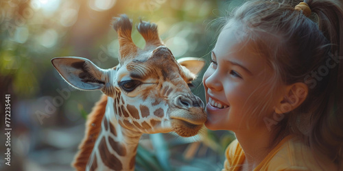 A charming portrait captures a baby giraffe sharing a laugh with a pretty girl at a wildlife safari park.
