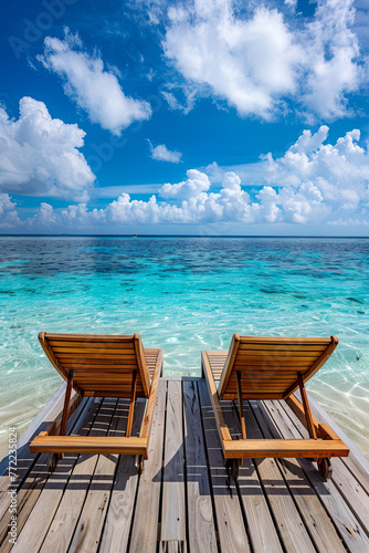 Two deck chairs on the wooden foothpath in the Maldives
