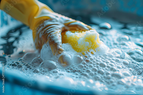 Close-up of a bucketful of soapy water with a rubber-gloved hand holding a cleaning sponge
 photo